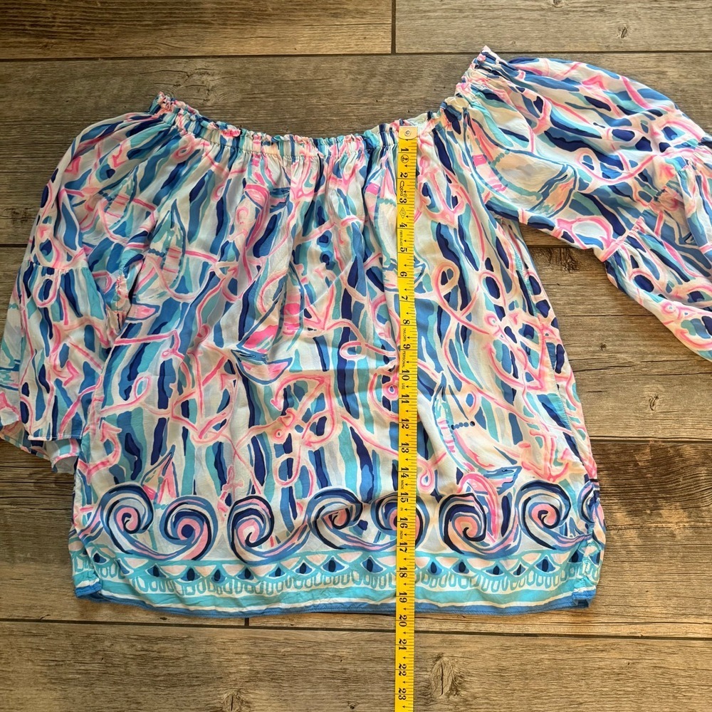 Lilly Pulitzer Womens Blue Pink Anchor Sailboat Off Shoulder Bell Sleeve Top S - Picture 7 of 8
